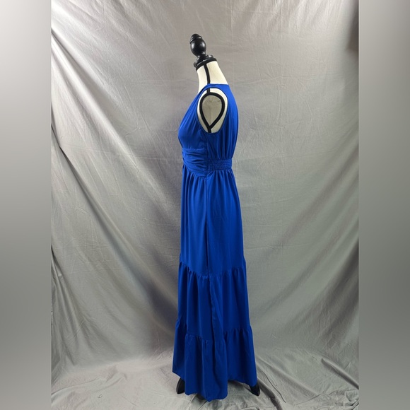 Boho V-Neck Pleated Waist Dress Blue - Picture 8 of 9